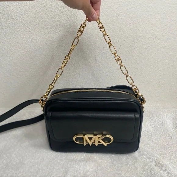 Michael Kors Women's Black Leather Gold Logo Parker Camera Crossbody Bag Classic - Picture 3 of 15